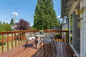 Spacious deck off of the dining room overlooks the huge backyard.