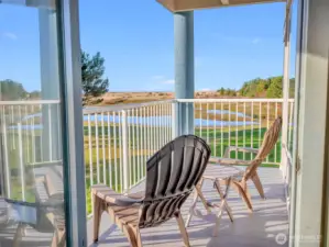 Private balcony off the living room in unit 420.