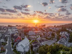Sunset aerial of town center
