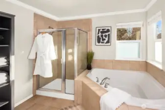 Relaxing soaking tub & shower in primary bath