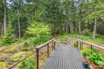 The formal entrance meanders up a natural path, past a water feature, and over a bridge, landing into the center of the architecture.