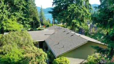Aerial View from back yard over top of house with view of Lake Sammamish