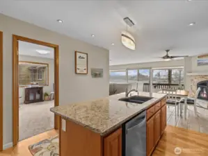 Lake view from kitchen, dinning room w/fireplace