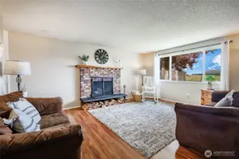 Living Room with wood fireplace and big picture window to take in the Mt Baker view!
