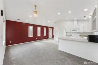 Large living area open to dining and kitchen