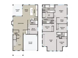 Floor Plan | Robinson  The Robinson plan offers a thoughtfully designed two-story layout with integrated main-level living and flexible upper-level spaces. The open concept kitchen, dining, and great room connect seamlessly to the covered patio, while a main level den or bedroom and signature pocket office enhance everyday functionality.    Upstairs, the primary suite features a connected sitting room and a unique pass-through design providing direct laundry access through the walk-in closet. A bonus loft and three additional bedrooms support adaptable living. Located in Bothell’s Canyon Park area, this contemporary new construction home is served by the Northshore School District.    These photos are from a past Robinson Plan at a different community, so overall plan, colors, building orientation, finishes, home outlook, and other details can and WILL vary. All photos, renderings, site maps, and floorplans are for visualization purposes only.