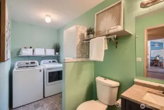 Multifunctional and practical, this half bath doubles as a laundry area, making household tasks easier while providing added convenience and efficiency.
