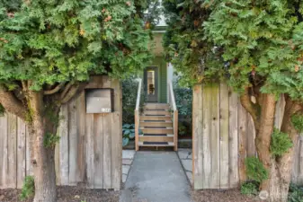 Hidden, private entry behind trees and fully fenced yard.