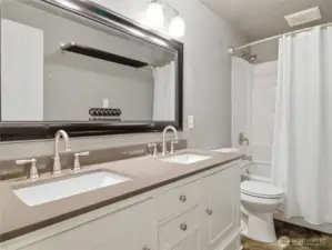 Double sinks in this one bathroom