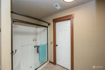 Primary bath shower; door to walk-in closet