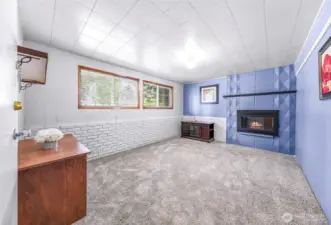 Lower level Family Room with wood-burning fireplace