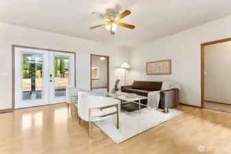 The great room leads out to the huge covered patio which opens up to the enormous 1-acre yard complete with privacy, tree lined boundaries and room for your dreams such as a garden, forts, pool, play areas...your imagination can be free with all of this space!