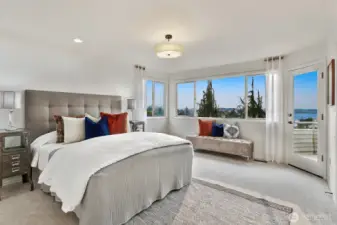 GIANT primary suite with fantastic views of the Sound and Olympic Mountains.