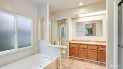 Soaking tub, large shower and double vanity