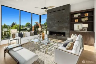 Main floor living space with floor-to-ceilings glass and 12' ceilings.