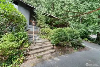 Stone steps and manicured greenery guide you to the home’s inviting front entry, blending sophistication with natural beauty.