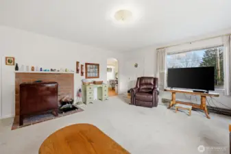 Large living room with wood stove