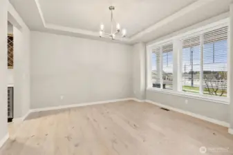 Formal dining with a tray ceiling, lots of natural light and a modern chandelier.