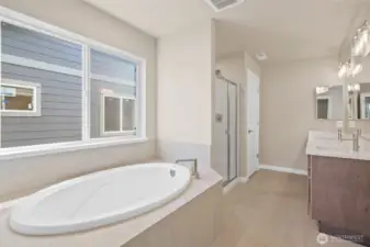 Primary bathroom- 5-piece. Soaking tub with tile surround.