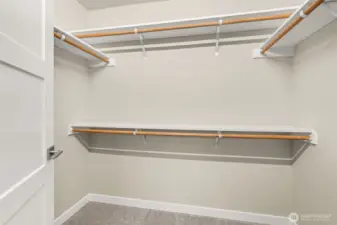 Primary bedroom features a walk-in closet with solid shelving.