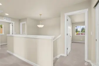 Landing area on second level that connects to the upper-level private rooms and laundry.