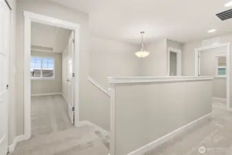 Landing area on second level that connects to the upper-level private rooms and laundry.