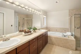 Spa bath with walk-in shower, soaking tub, dual vanities and spacious walk-in closet.