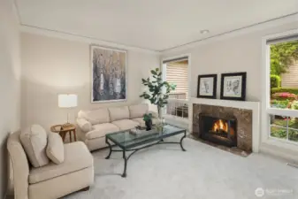 Step inside to a bright & spacious living area featuring vaulted ceilings, large windows & two cozy fireplaces.