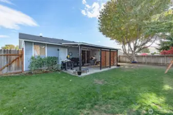Big backyard with covered patio.