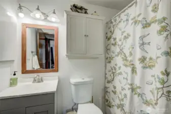 Bathroom has new vanity and flooring installed.