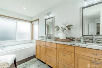 Soaking tub & dual sinks with elegant finishes