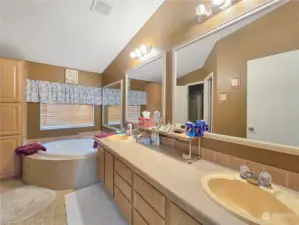 Stylish Primary Bath- Featuring a large soaking tub, a separate shower, and double sinks, offering both relaxation and convenience. The design provides a spa-like experience right in the comfort of your home