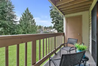 Enjoy the view of the evergreen trees and a green space. Bonus: storage closet behind that door to protect your bike, hiking great, or holiday decor.