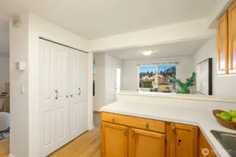 Kitchen has a great pantry closet.