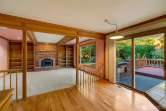 Cozy fireplace and open concept with the kitchen.