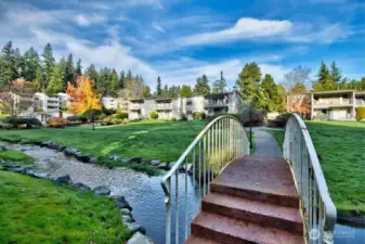 Thornton Creek running in front of condo, clubhouse and pool to the left