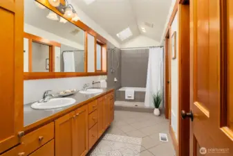 Masterbath with soaring ceiling and sky light