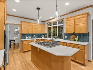 Chef's kitchen with newer appliances and slab quartz counters.