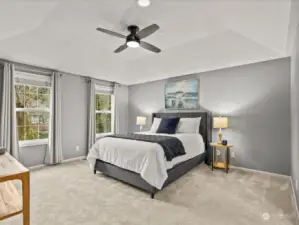 Primary bedroom with coffered ceilings!