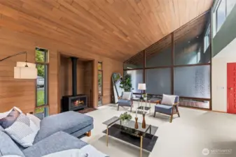 Cozy up around the wood burning fireplace.