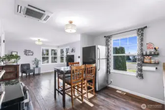 Kitchen into living room.