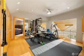 Spacious home gym with natural light
