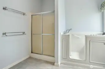 Master bedroom suite with vaulted ceilings, walk in closet and remodeled 5 piece bathroom with a walk in jetted bathtub.