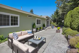 Back patio with access to the community greenbelt and trail.  Virtually staged photo.