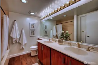 Spacious double vanity bath with plenty of counter space & undercabinet storage.