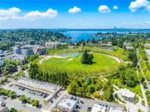 The Bellevue Downtown Park is a 21-acre oasis of green and serenity in the heart of Bellevue. A 1/2 mile promenade, bordered by shade trees, and a stepped canal, leads to the 240-foot wide waterfall that cascades into a reflecting pond. A ten-acre lawn area in the center of the park is great for picnics or playing games. And Bellevue’s skyline and Mount Rainier serves as a backdrop.  In the corner of the park is the incredible Inspiration Playground.