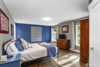 Lage primary bedroom with walk-in closet and views to private backyard.