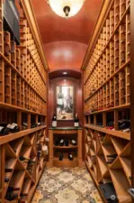 950 Bottle Capacity Wine Cellar with Venetian Plaster finish, Custom Italian Tile, Cedar Racking and Glass Door.