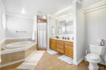 Primary bathroom en suite. Jetted tub, tiled walk in shower, double vanity. Updated lighting and fixtures.
