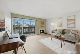 Slider to small deck.  Wood burning fireplace